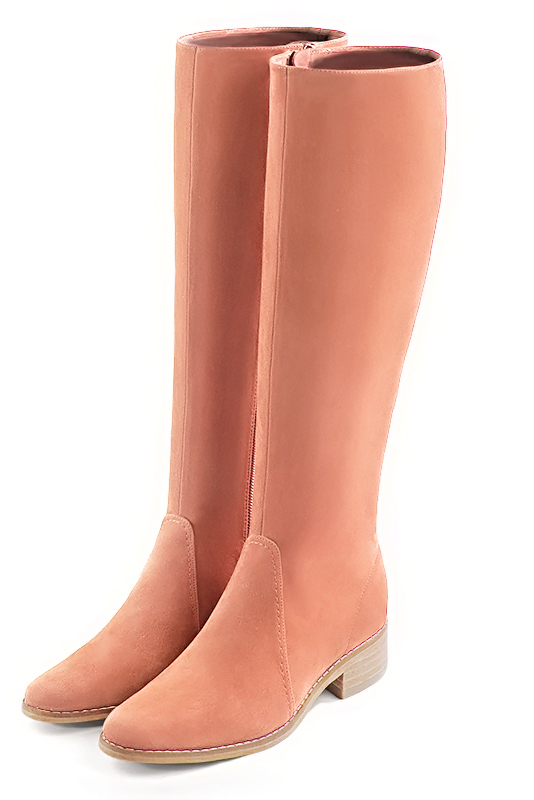 Peach orange women's riding knee-high boots. Round toe. Low leather soles. Made to measure. Front view - Florence KOOIJMAN